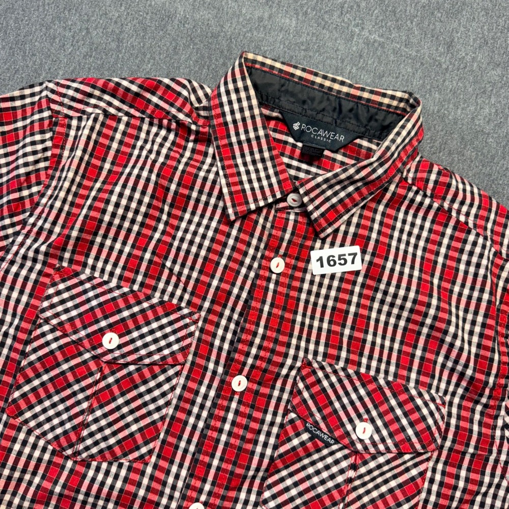 Rocawear Classic Mens Short Sleeve Button Down Shirt Red Black Plaid Large